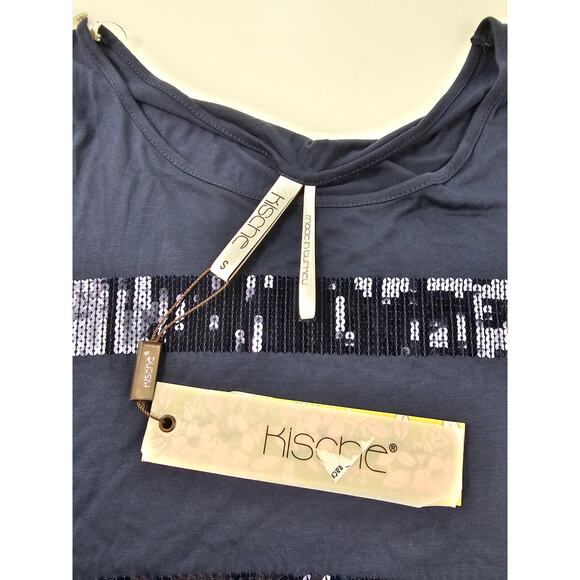 NWT new Kische made in turkey sz S navy blue sequin flashy Glam top short sleeve - Picture 4 of 6